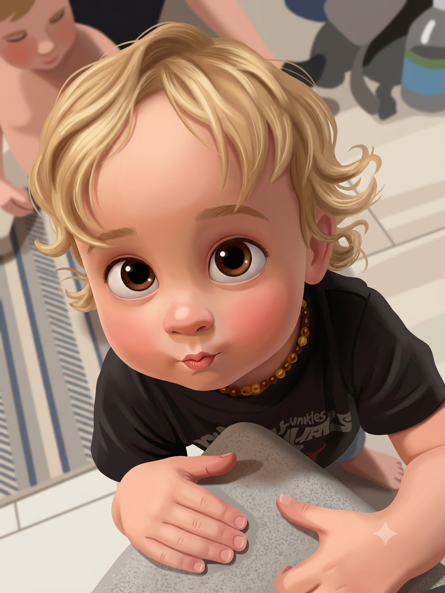 A curious toddler at the kitchen counter
