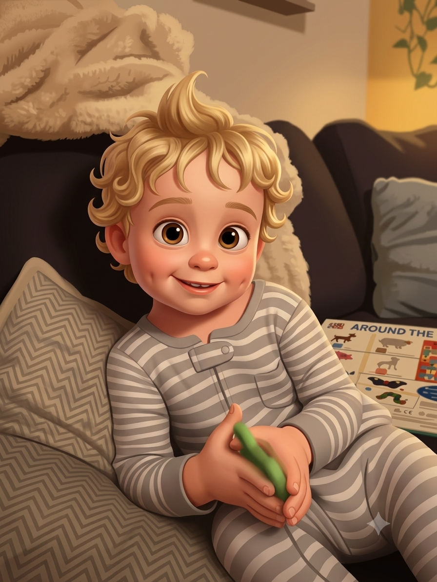 A child relaxing at home in the evening
