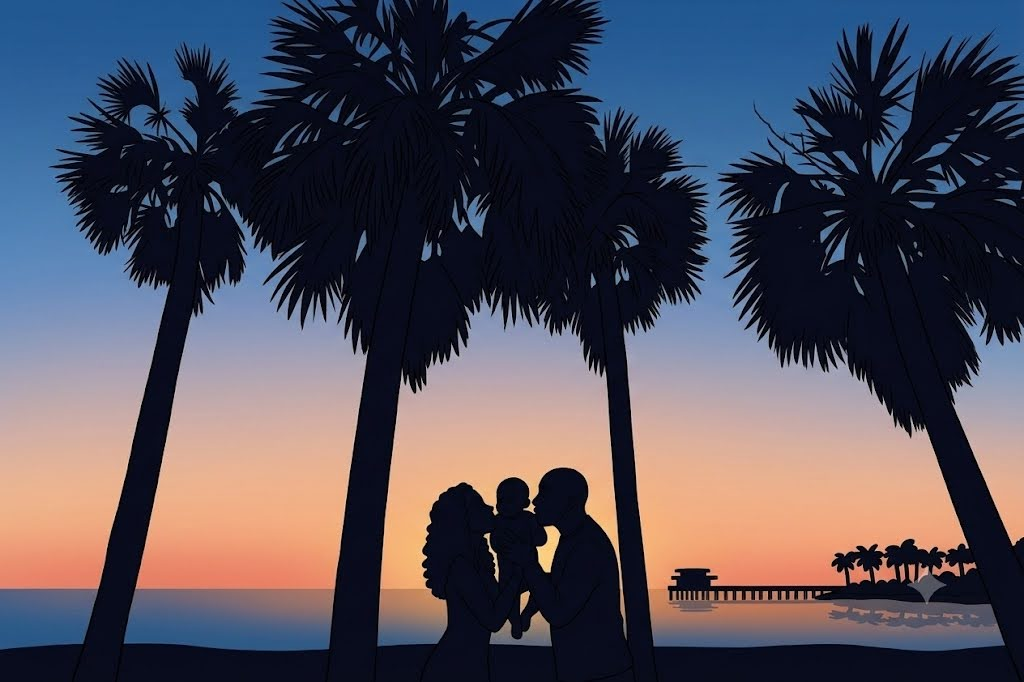 A family with their child under palm trees at sunset by the shore